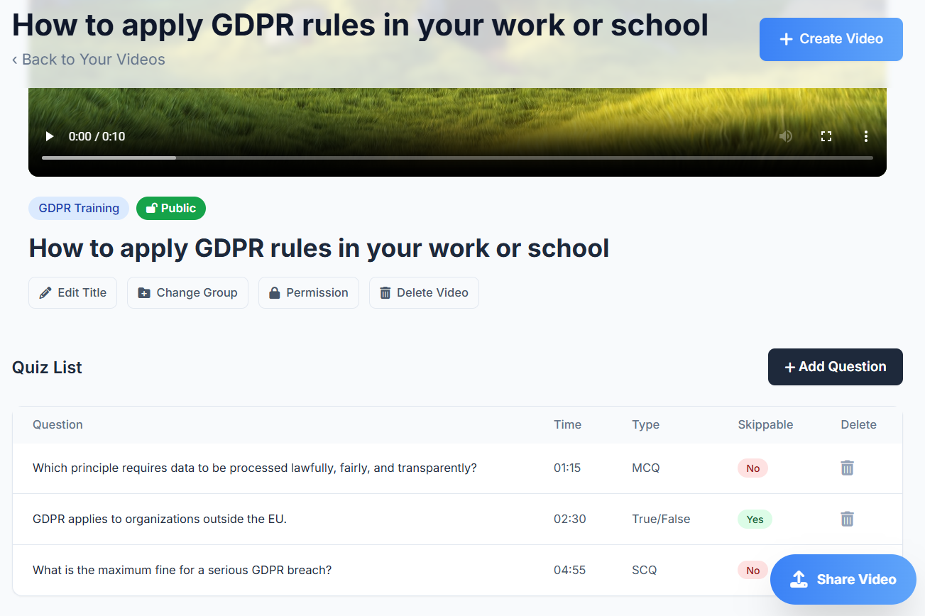 Screenshot of an interactive quiz being added to a video in Clippi